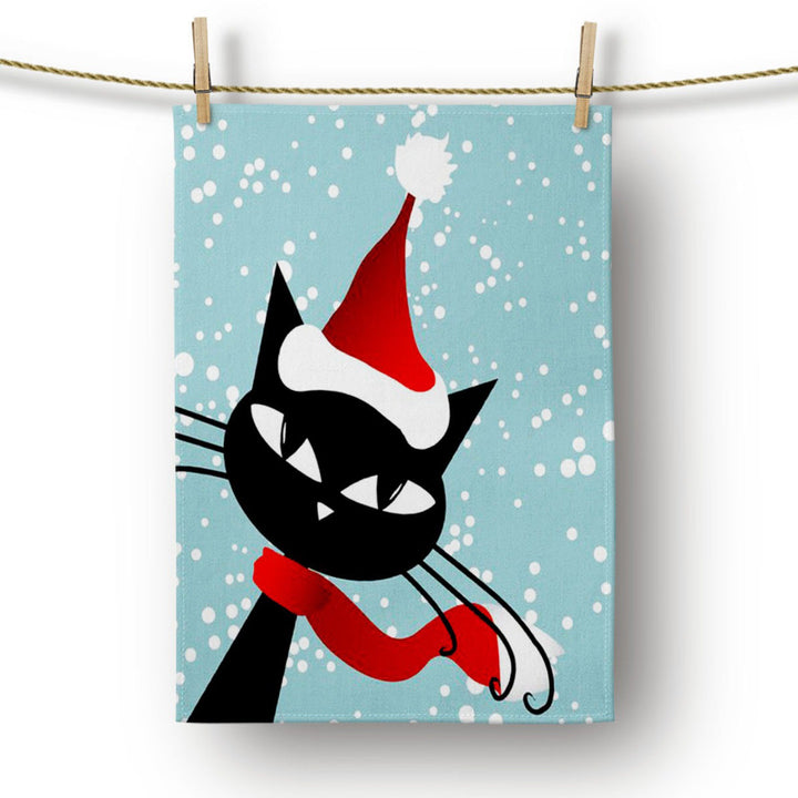 Christmas Kitchen Towel|Merry Xmas Dish Towel|Dwarf Santa and Cute Cat Dishcloth|Winter Trend Hand Towel|Housewarming Animal Print Xmas Gift