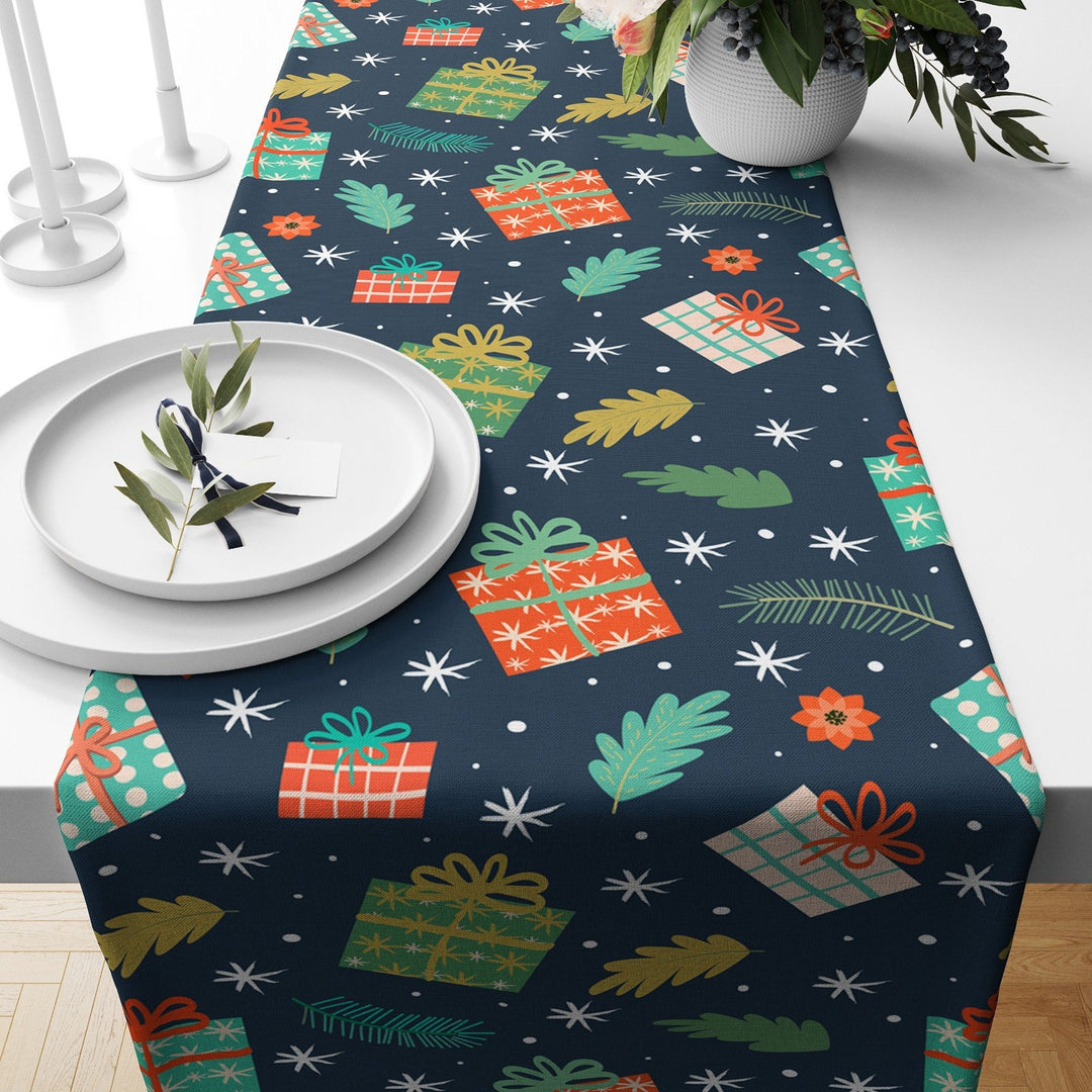 Winter Table Runner|Christmas Tablecloth|Pine Tree and House Table Centerpiece|Xmas Home Decor|Snow and Gift Box Print Farmhouse Tabletop