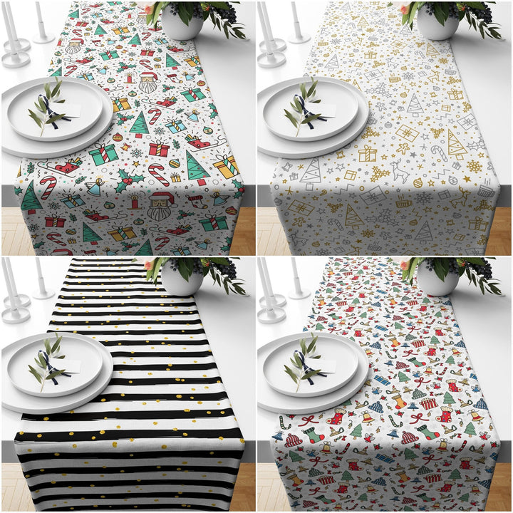 Christmas Table Runner|Winter Tablecloth|Striped Table Centerpiece|Xmas Home Decor|Gold Detailed Xmas Gift Box Print Farmhouse Tabletop