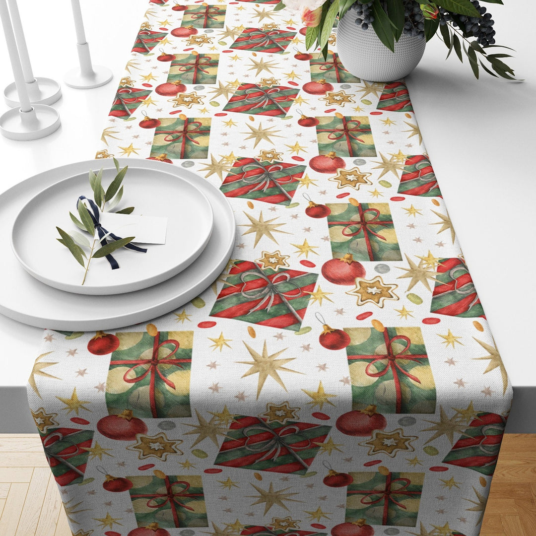 Christmas Table Runner|Winter Tablecloth|Decorative Candy Table Centerpiece|Xmas Home Decor|Xmas Gift Box Print Farmhouse Style Tabletop