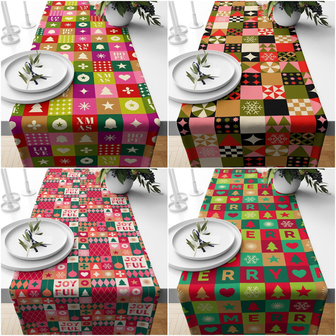 Christmas Tablecloth|Winter Trend Table Runner|Joyful and Merry Print Tabletop|Colorful Geometric Xmas Ornament Tabletop|Christmas Gift Idea