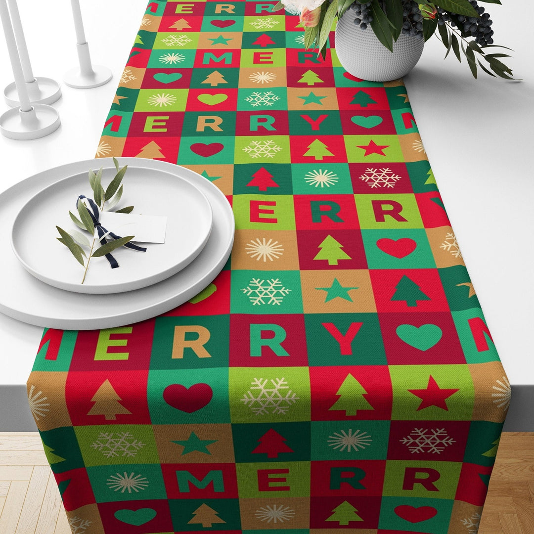 Christmas Tablecloth|Winter Trend Table Runner|Joyful and Merry Print Tabletop|Colorful Geometric Xmas Ornament Tabletop|Christmas Gift Idea