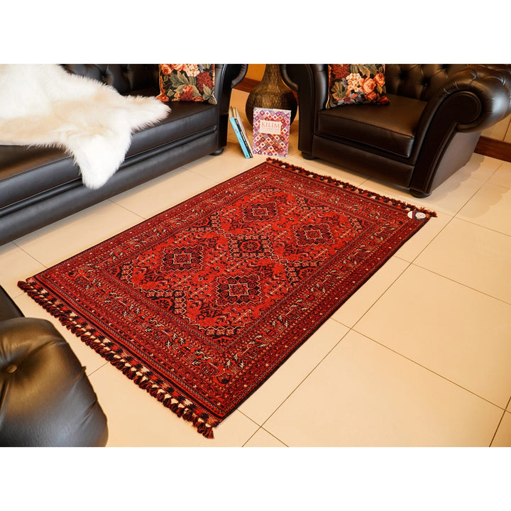 Afghan Pattern Rug|Classic Red Afghan Carpet|Machine-Washable Ethnic Area Rug|Farmhouse Style Multi-Purpose Carpet|Non-Slip Living Room Rug