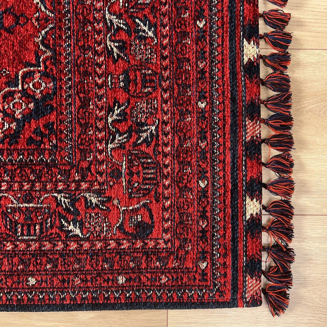 Afghan Pattern Rug|Classic Red Afghan Carpet|Machine-Washable Ethnic Area Rug|Farmhouse Style Multi-Purpose Carpet|Non-Slip Living Room Rug