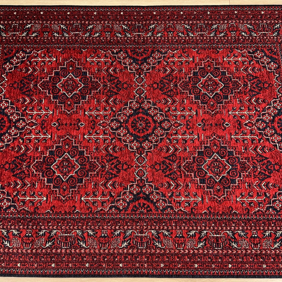 Afghan Pattern Rug|Classic Red Afghan Carpet|Machine-Washable Ethnic Area Rug|Farmhouse Style Multi-Purpose Carpet|Non-Slip Living Room Rug