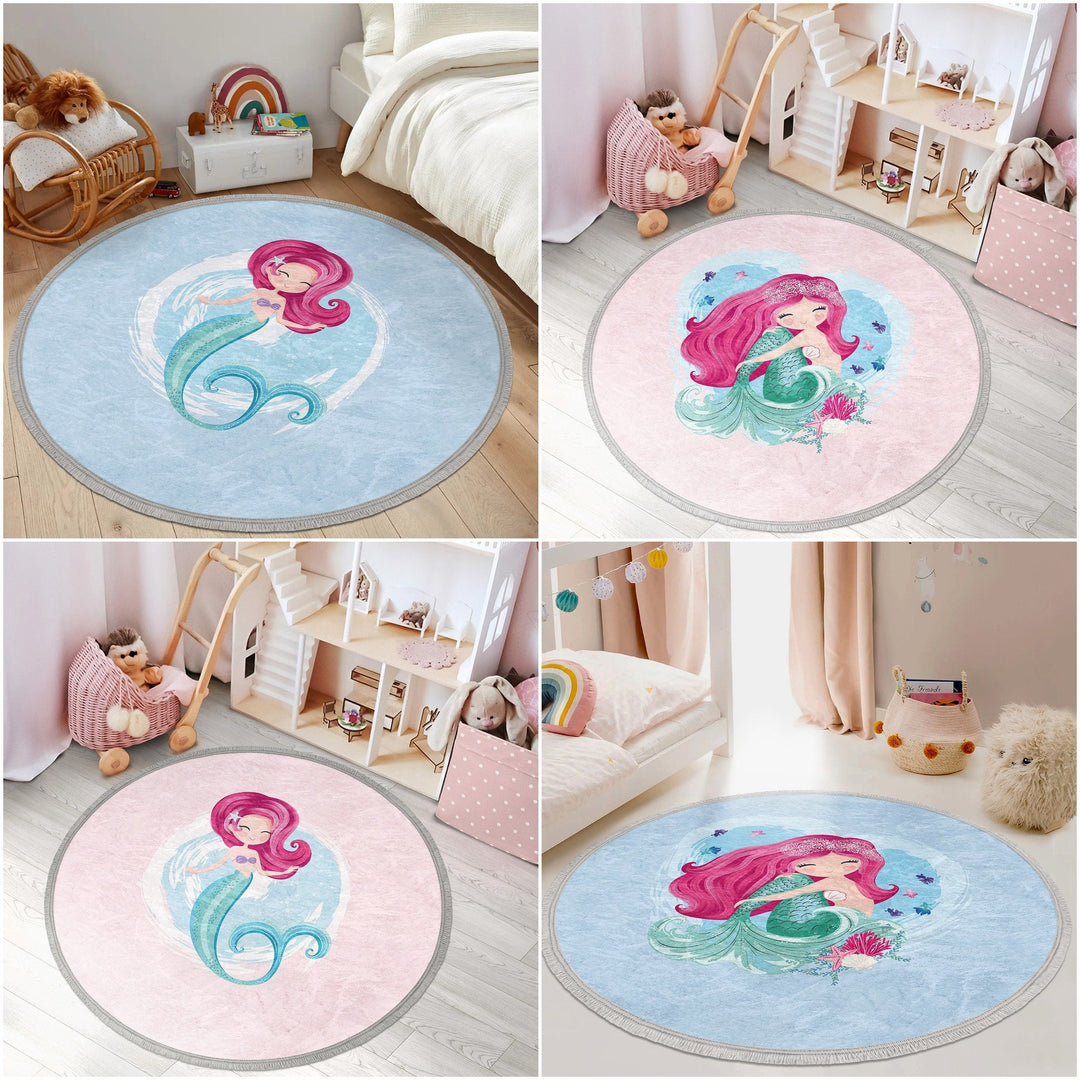 Mermaid Round Rug|Non-Slip Round Carpet|Fringed Kid Room Circle Carpet|Colorful Area Rug|Girl Home Decor|Mermaid Print Anti-Slip Mat, Carpet