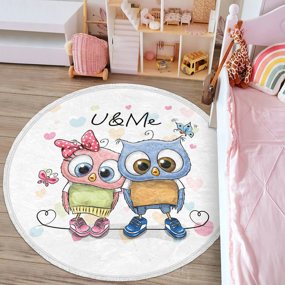 Owl Round Rug|Non-Slip Round Carpet|Fringed Kid Room Circle Carpet|Cute Owl Area Rug|Owl Home Decor|Animal Print Anti-Slip Mat|Gift for Kid