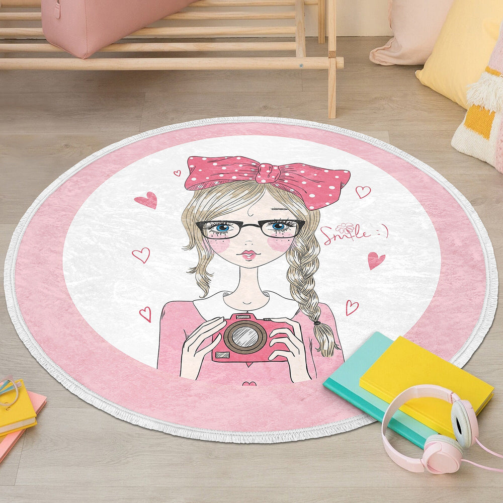 Cute Girl Round Rug|Non-Slip Round Carpet|Fringed Kid Room Circle Carpet|Pink Area Rug|Cute Home Decor|Makeup Girl Print Anti-Slip Mat