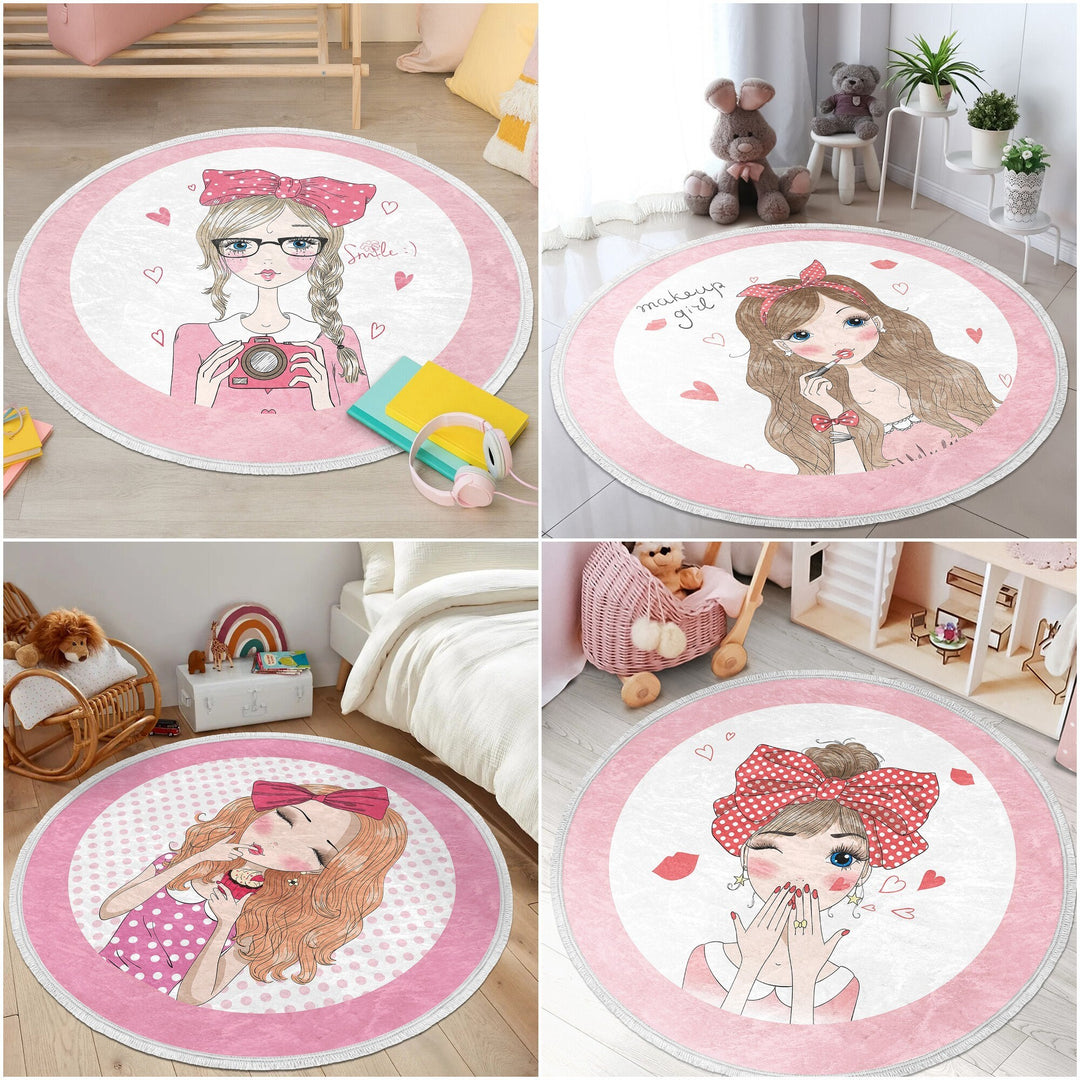 Cute Girl Round Rug|Non-Slip Round Carpet|Fringed Kid Room Circle Carpet|Pink Area Rug|Cute Home Decor|Makeup Girl Print Anti-Slip Mat