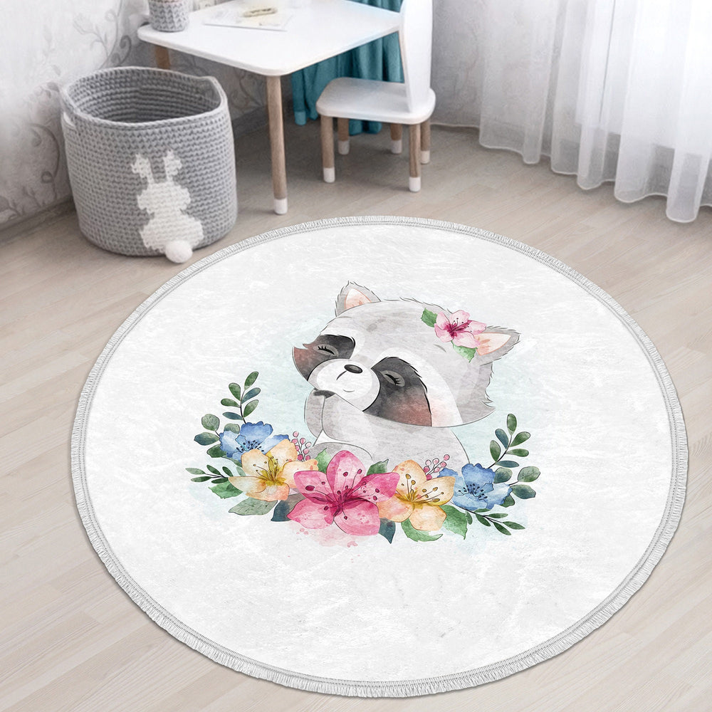 Cute Animal Round Rug|Non-Slip Round Carpet|Fringed Kid Room Circle Carpet|Raccoon Area Rug|Panda Home Decor|Owl, Bear Print Anti-Slip Mat