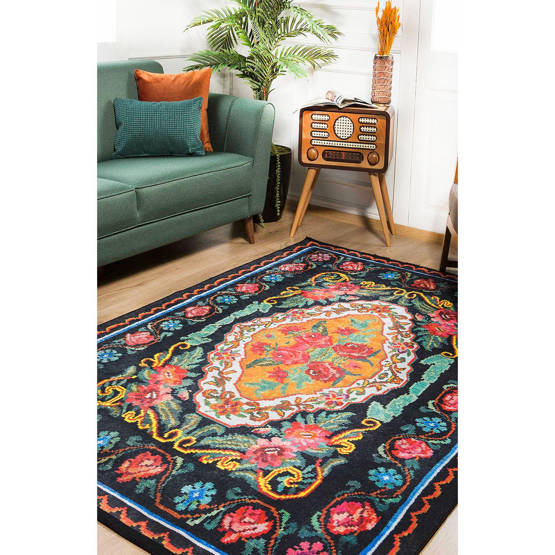 Floral Karabakh Rug|Machine-Washable Non-Slip Rug|Ethnic Farmhouse Floral Washable Carpet|Decorative Area Rug|Multi-Purpose Anti-Slip Rug