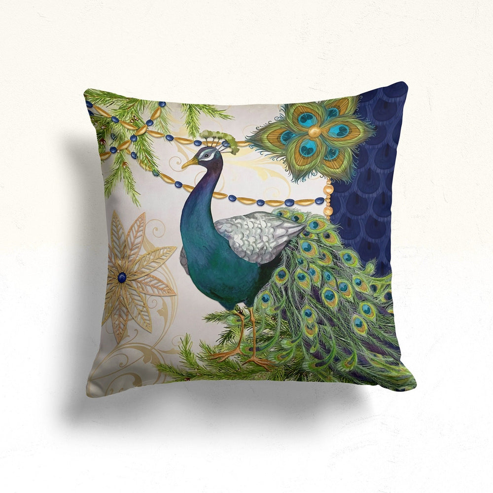 Christmas Pillow Cover|Peacock Cushion Case|Xmas Home Decor|Winter Trend Pillow Case|Pine Tree and Xmas Ornaments Outdoor Throw Pillowtop