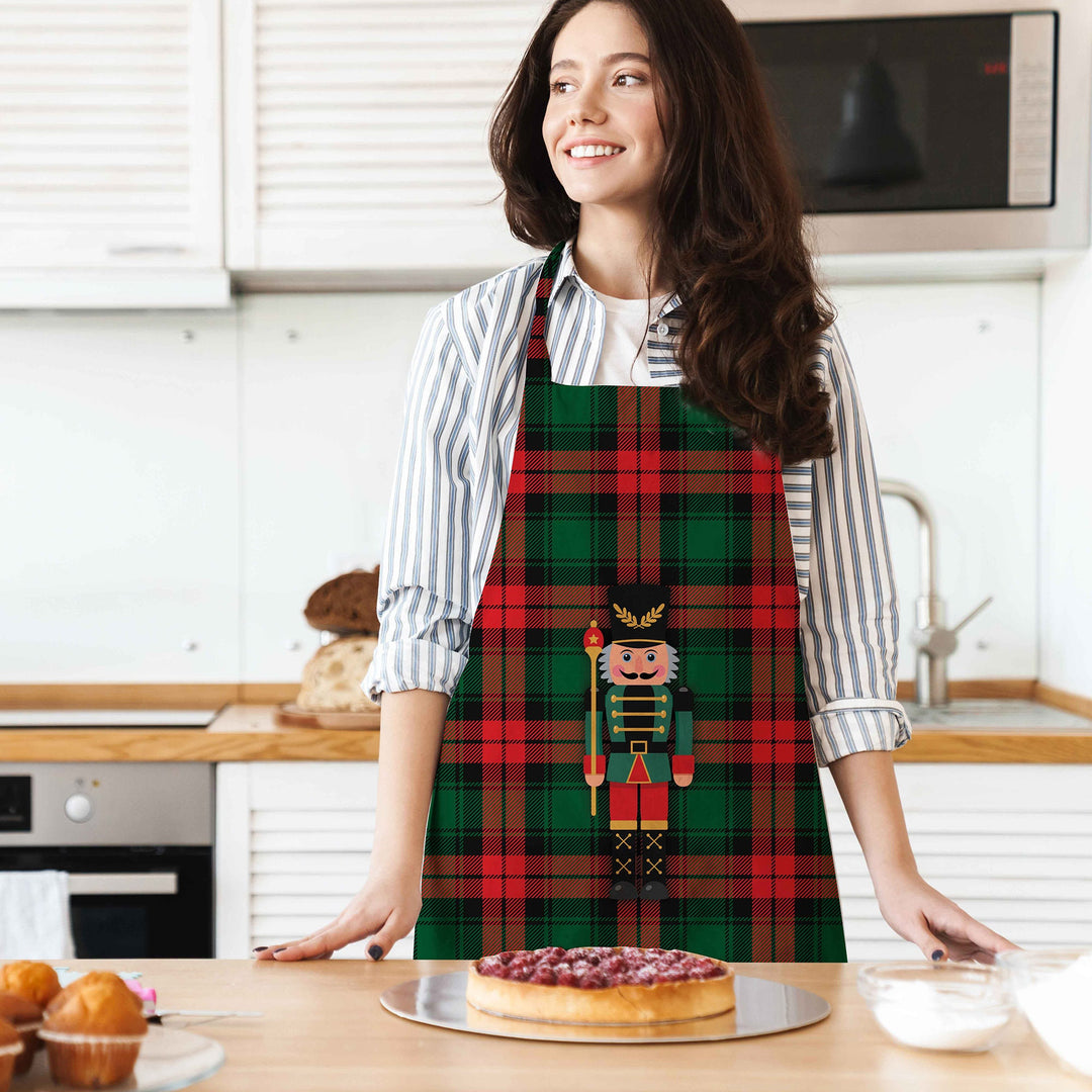 Christmas Apron|Santa Bear Cooking Smock with Adjustable Neck and Waist Strap|Plaid Nutcracker Xmas Deer Kitchen Pinafore Gift For Him/Her