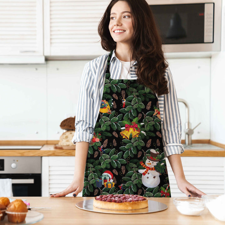 Christmas Apron|Xmas Deer Cooking Smock with Adjustable Neck and Waist Strap|Snowman and Xmas Bell Winter Kitchen Pinafore Gift For Him/Her