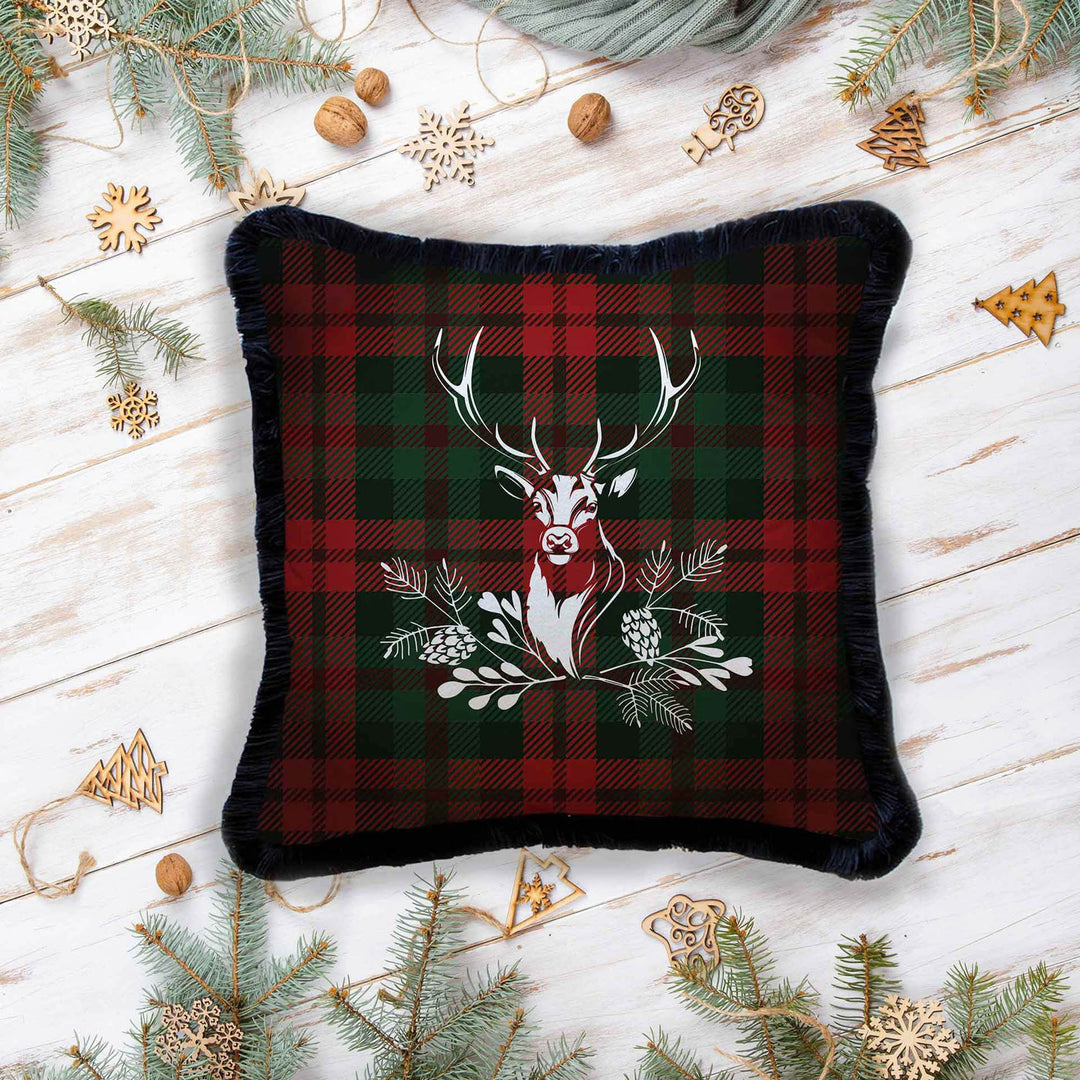 Christmas Pillowcase|Frilly Buffalo Plaid Xmas Deer Cushion Case|Decorative Red Berries Print Pillow Cover|Buckhorn and Nutcracker Pillowtop