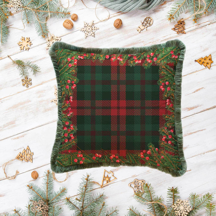 Christmas Pillowcase|Frilly Buffalo Plaid Xmas Deer Cushion Case|Decorative Red Berries Print Pillow Cover|Buckhorn and Nutcracker Pillowtop