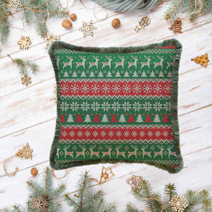 Christmas Pillowcase|Santa Bear Plaid Cushion Cover|Xmas Deer Frilly Cushion|Decorative Pixel Art Pillow Cover|Green Red Winter Pillowtop