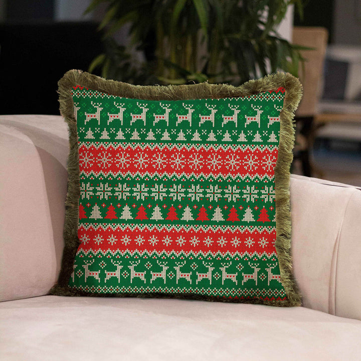 Christmas Pillowcase|Santa Bear Plaid Cushion Cover|Xmas Deer Frilly Cushion|Decorative Pixel Art Pillow Cover|Green Red Winter Pillowtop