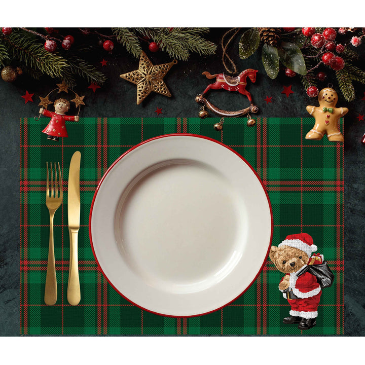 Set of 4 Xmas Placemat|Winter Trend Table Mat|Cute Santa Bear Dining Underplate|Xmas Table Decor|Buffalo Plaid Rectangle Winter Coaster Set