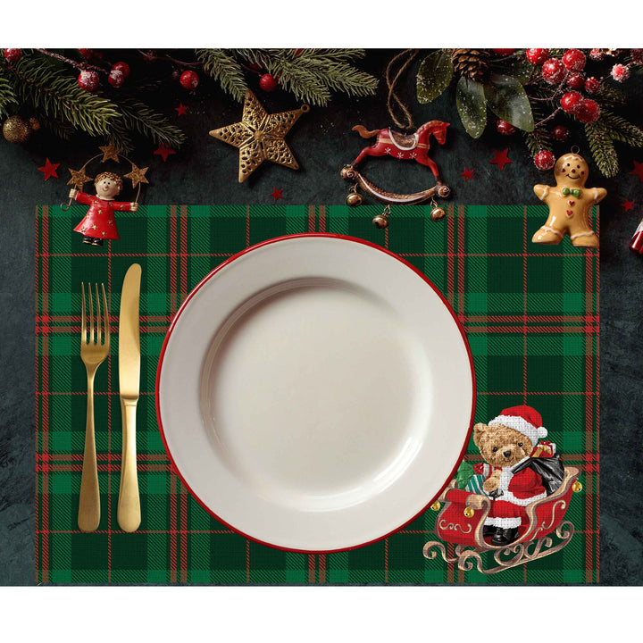 Set of 4 Xmas Placemat|Winter Trend Table Mat|Cute Santa Bear Dining Underplate|Xmas Table Decor|Buffalo Plaid Rectangle Winter Coaster Set