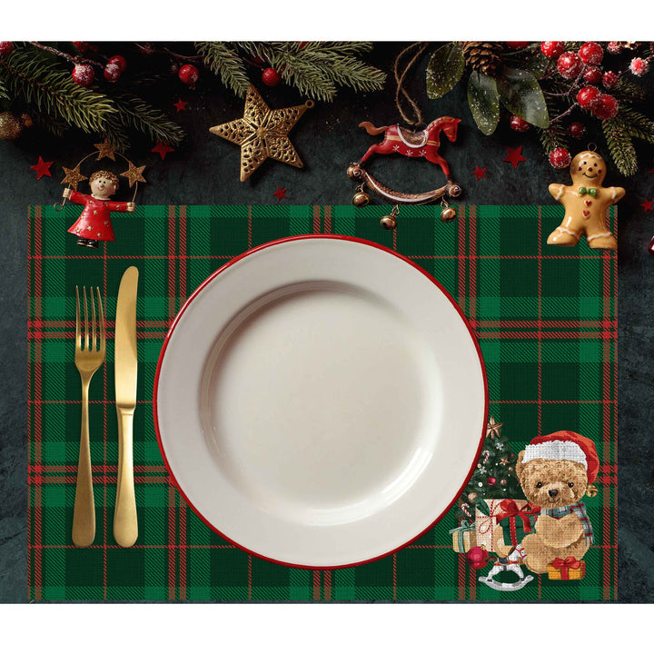 Set of 4 Xmas Placemat|Winter Trend Table Mat|Cute Santa Bear Dining Underplate|Xmas Table Decor|Buffalo Plaid Rectangle Winter Coaster Set