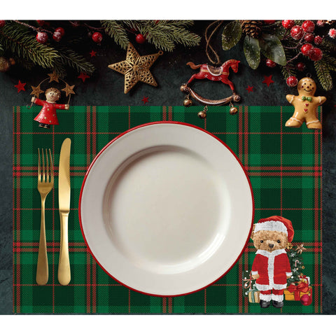 Set of 4 Xmas Placemat|Winter Trend Table Mat|Cute Santa Bear Dining Underplate|Xmas Table Decor|Buffalo Plaid Rectangle Winter Coaster Set