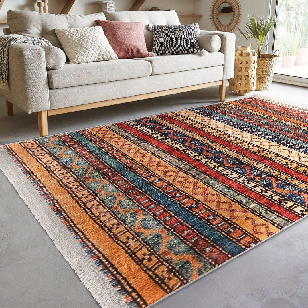 Hereke Pattern Rug|Rustic Design Farmhouse Carpet|Machine-Washable Fringed Non-Slip Rug|Ethnic Multi-Purpose Anti-Slip Geometric Carpet