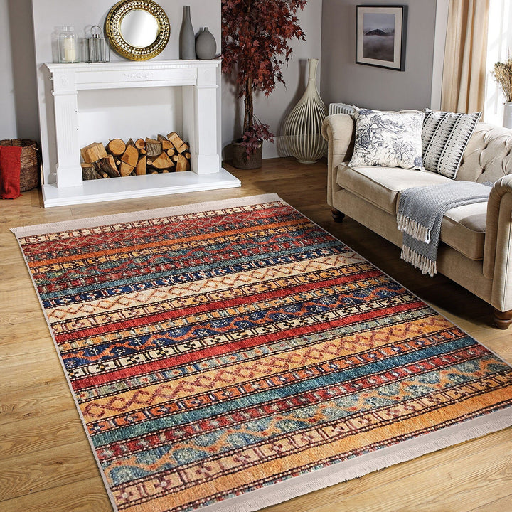 Hereke Pattern Rug|Rustic Design Farmhouse Carpet|Machine-Washable Fringed Non-Slip Rug|Ethnic Multi-Purpose Anti-Slip Geometric Carpet