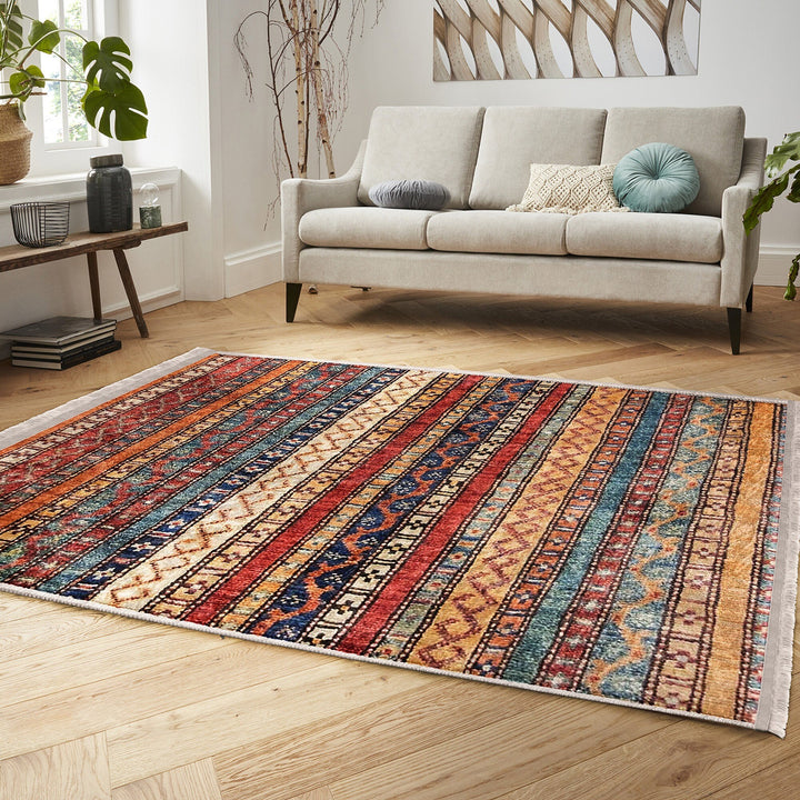 Hereke Pattern Rug|Rustic Design Farmhouse Carpet|Machine-Washable Fringed Non-Slip Rug|Ethnic Multi-Purpose Anti-Slip Geometric Carpet