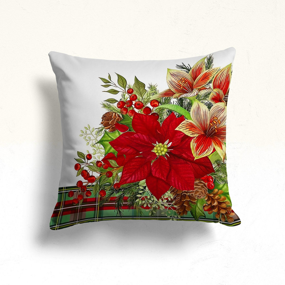 Christmas Pillow Cover|Poinsettia Cushion Case|Pine Cone Decor|Winter Pillow Case|Xmas Throw Pillowtop|Floral Cushion Cover|New Year Gift