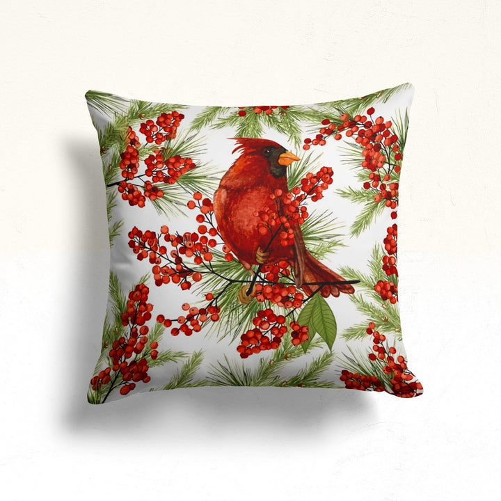 Christmas Pillow Cover|Cardinal Bird Cushion|Red Berries Decor|Winter Pillow Case|Xmas Throw Pillowtop|Floral Cushion Cover|New Year Gift