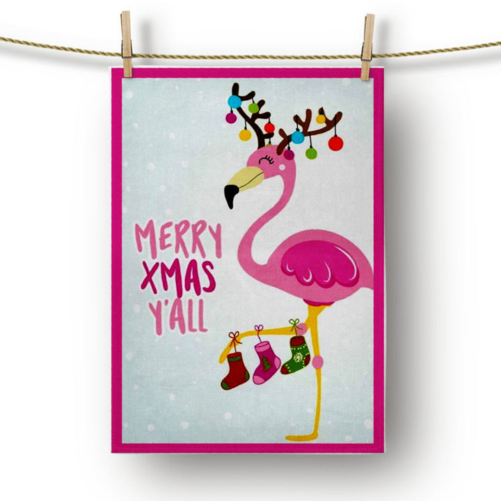 Christmas Kitchen Towel|Merry Xmas Y'all Dish Towel|Pink Flamingo Dishcloth|Winter Trend Hand Towel|Oh Joy Print Housewarming Xmas Gift