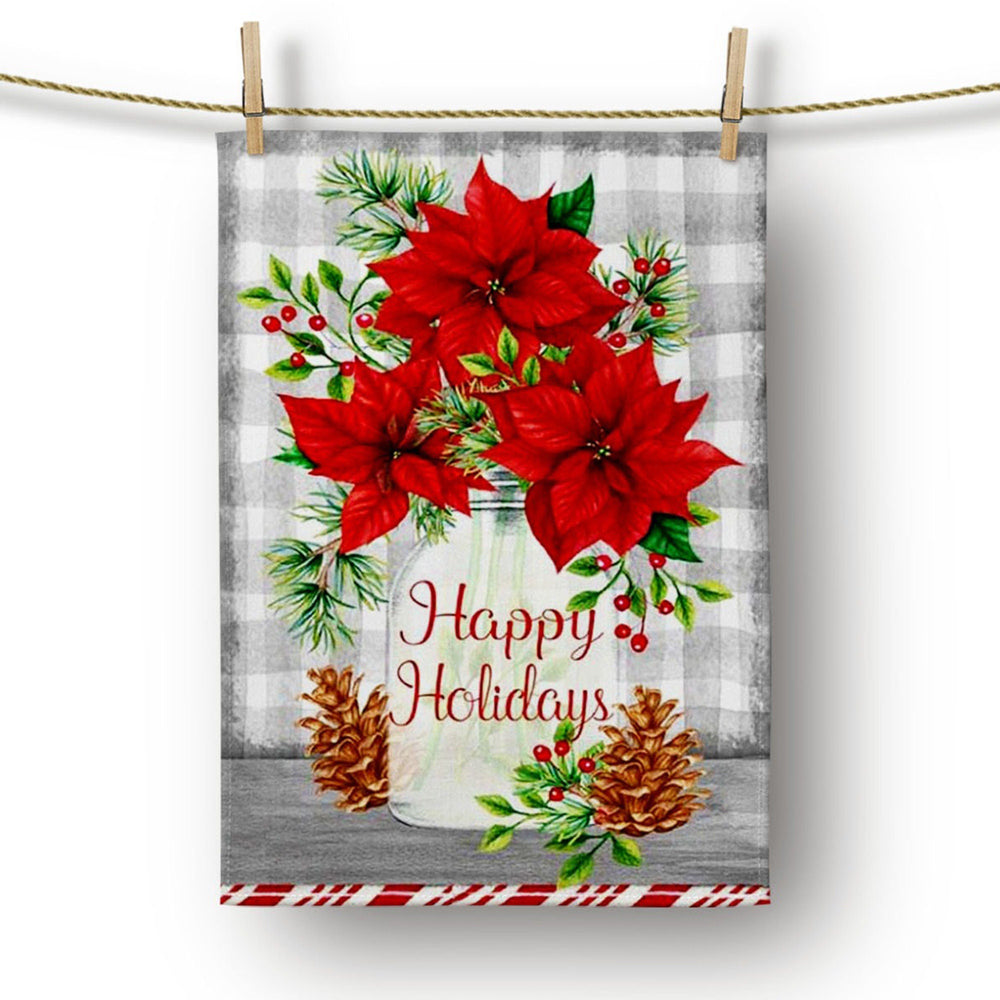 Christmas Kitchen Towel|Merry Xmas Happy Holidays Dish Towel|Poinsettia Dishcloth|Winter Trend Hand Towel|Red Floral Farmhouse Xmas Gift