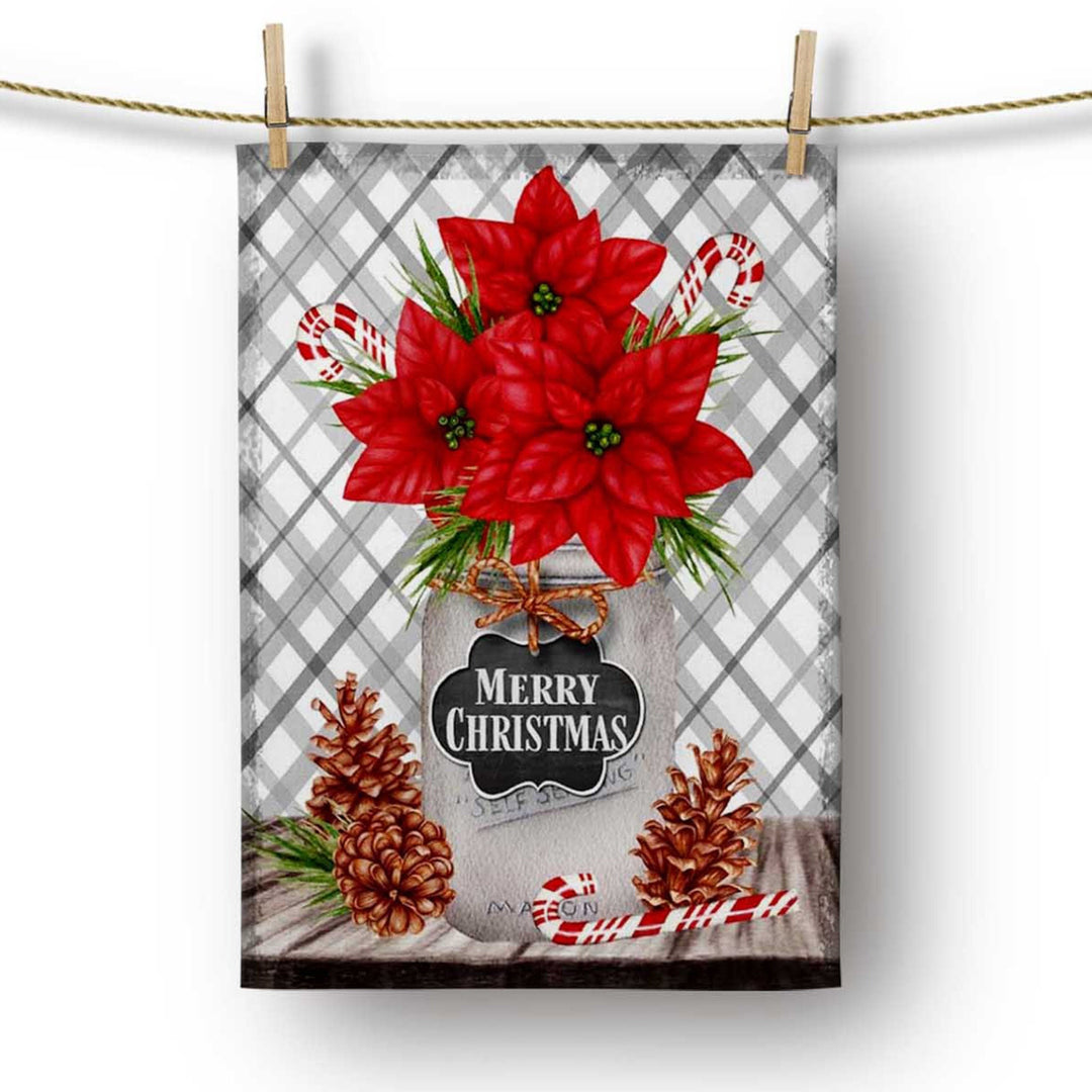 Christmas Kitchen Towel|Merry Xmas Happy Holidays Dish Towel|Poinsettia Dishcloth|Winter Trend Hand Towel|Red Floral Farmhouse Xmas Gift