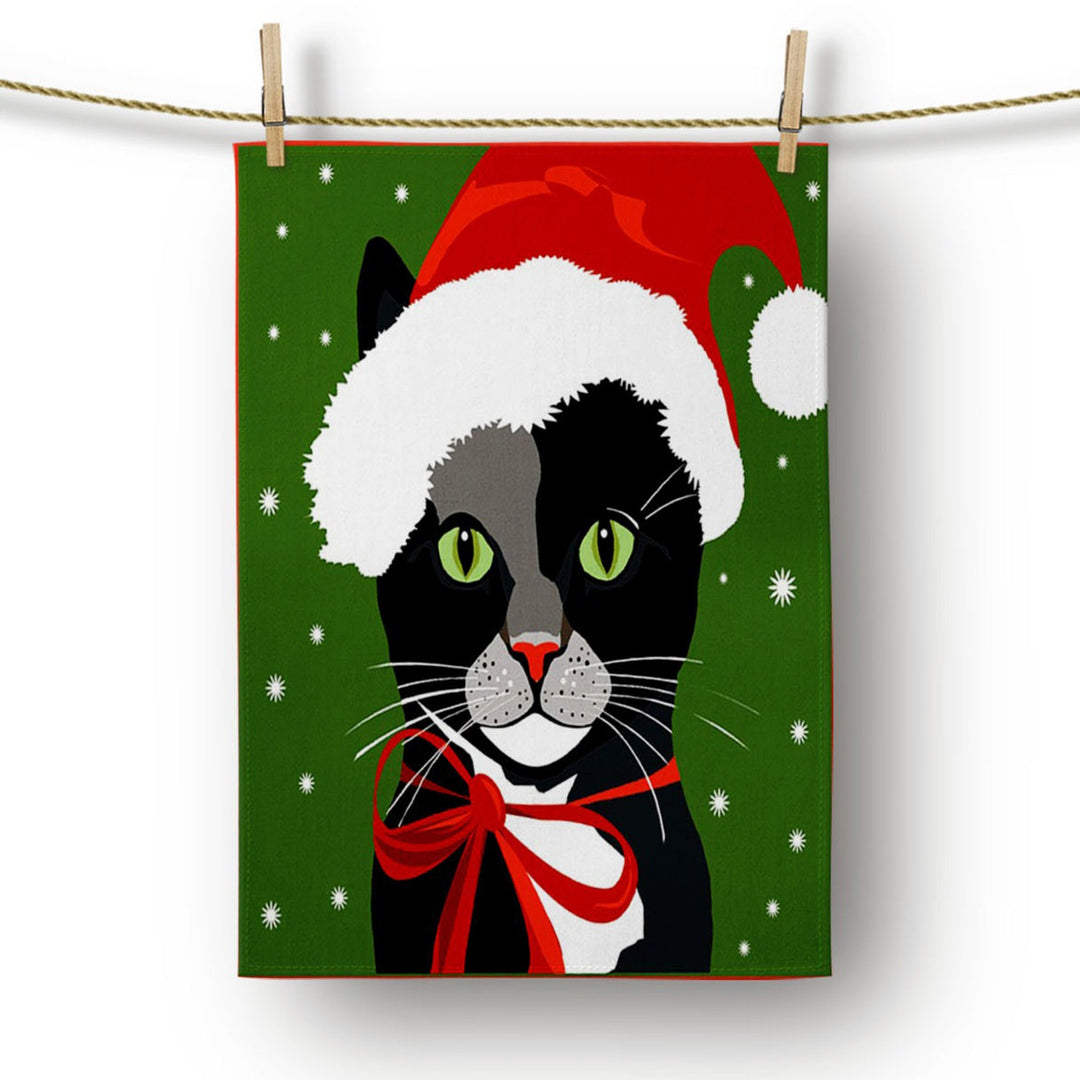 Christmas Kitchen Towel|Merry Xmas Dish Towel|Dwarf Santa and Cute Cat Dishcloth|Winter Trend Hand Towel|Housewarming Animal Print Xmas Gift