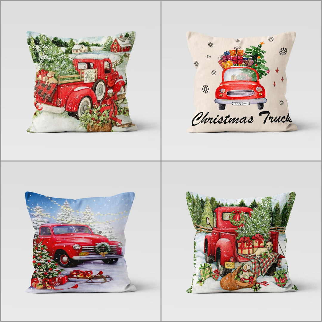 Christmas Pillow Cover|Red Xmas Truck Cushion|Merry Xmas Decor|Winter Pillow Case|Xmas Throw Pillowtop|Floral Cushion Cover|New Year Gift