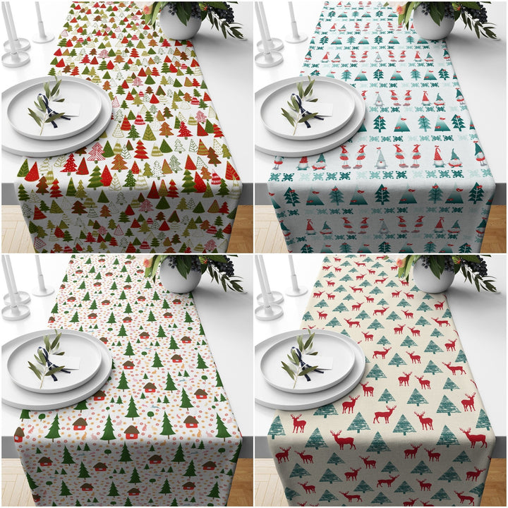 Winter Table Runner|Christmas Tablecloth|Pine Tree and Deer Table Centerpiece|Xmas Home Decor|Dwarf Santa/Gnome Print Farmhouse Tabletop