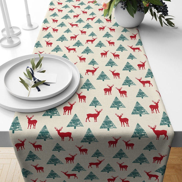 Winter Table Runner|Christmas Tablecloth|Pine Tree and Deer Table Centerpiece|Xmas Home Decor|Dwarf Santa/Gnome Print Farmhouse Tabletop