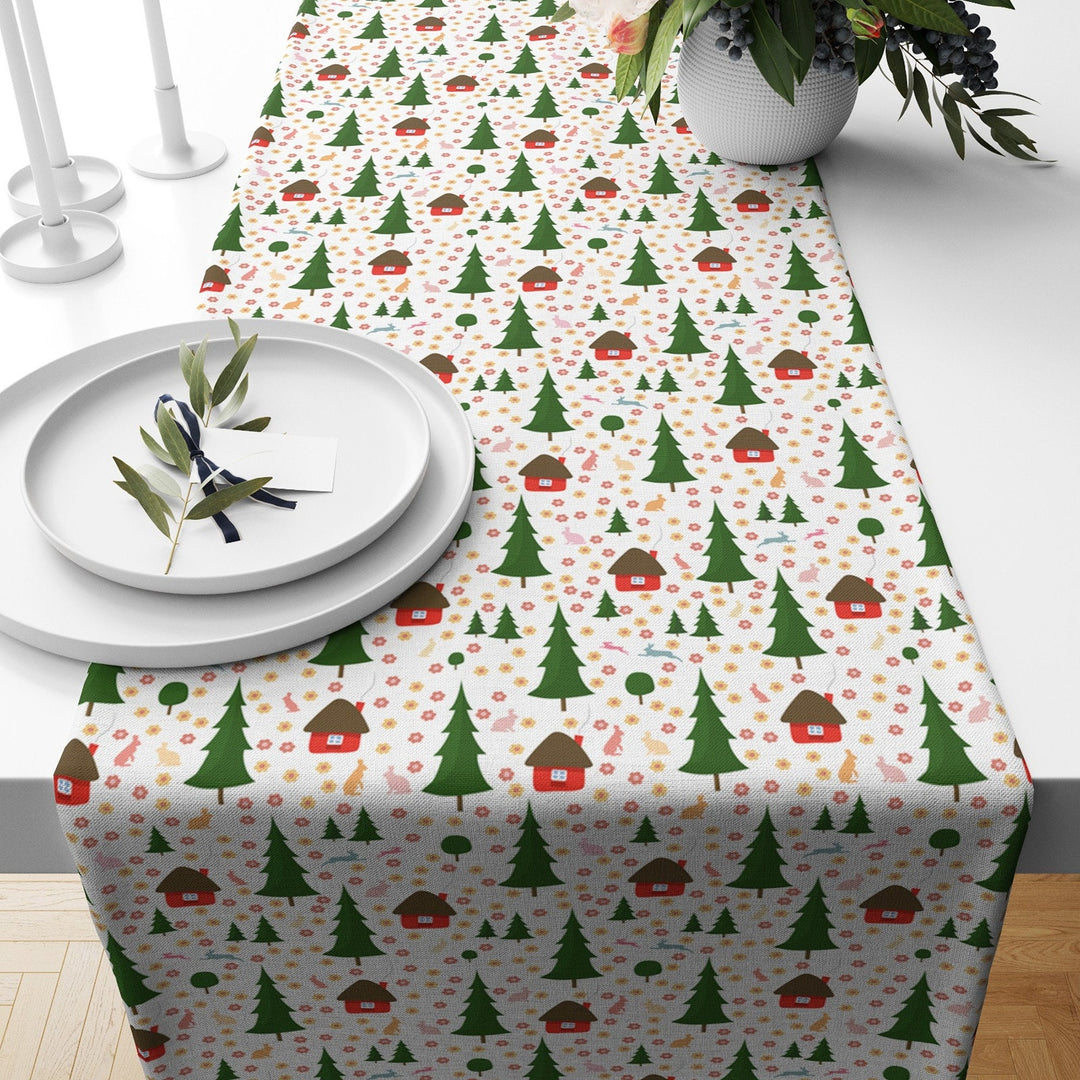 Winter Table Runner|Christmas Tablecloth|Pine Tree and Deer Table Centerpiece|Xmas Home Decor|Dwarf Santa/Gnome Print Farmhouse Tabletop