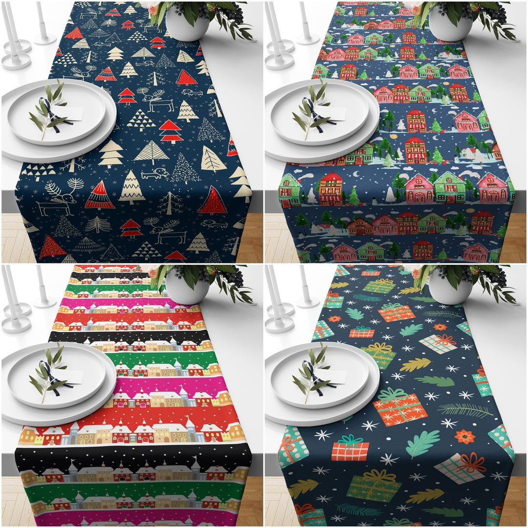 Winter Table Runner|Christmas Tablecloth|Pine Tree and House Table Centerpiece|Xmas Home Decor|Snow and Gift Box Print Farmhouse Tabletop