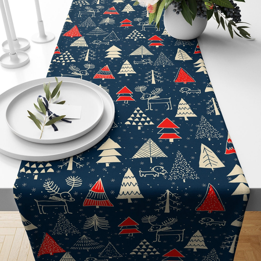 Winter Table Runner|Christmas Tablecloth|Pine Tree and House Table Centerpiece|Xmas Home Decor|Snow and Gift Box Print Farmhouse Tabletop