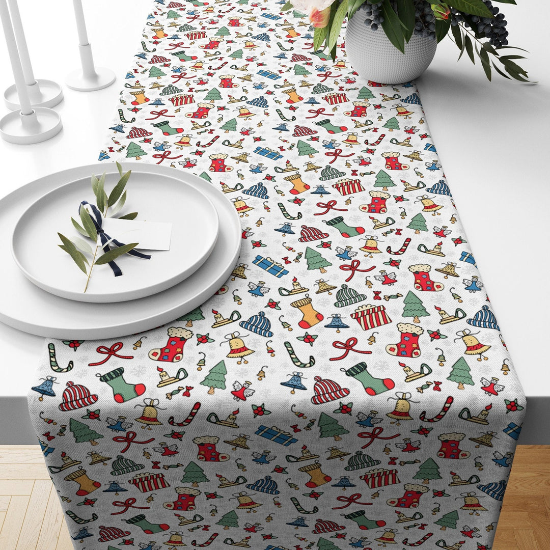 Christmas Table Runner|Winter Tablecloth|Striped Table Centerpiece|Xmas Home Decor|Gold Detailed Xmas Gift Box Print Farmhouse Tabletop