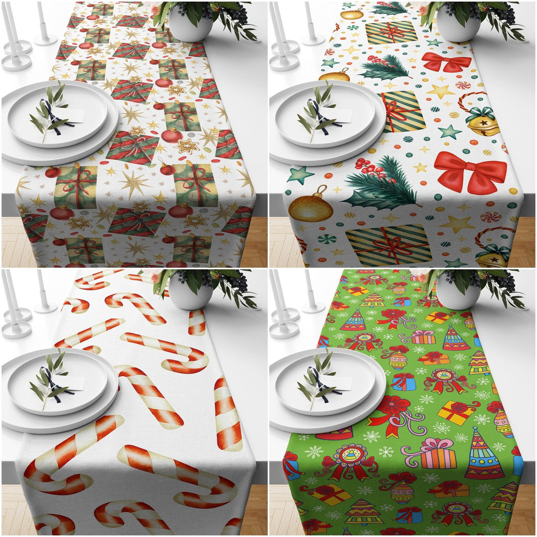 Christmas Table Runner|Winter Tablecloth|Decorative Candy Table Centerpiece|Xmas Home Decor|Xmas Gift Box Print Farmhouse Style Tabletop