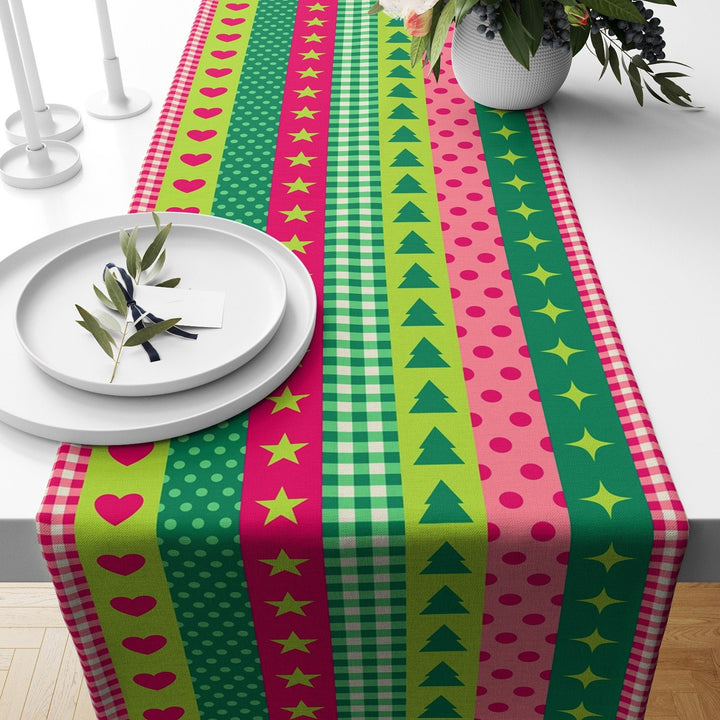 Winter Table Runner|Christmas Tablecloth|Colorful Pine Tree Illustration Table Centerpiece|Xmas Home Decor|Geometric Decorative Tabletop