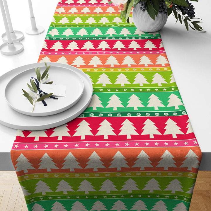 Winter Table Runner|Christmas Tablecloth|Colorful Pine Tree Illustration Table Centerpiece|Xmas Home Decor|Geometric Decorative Tabletop