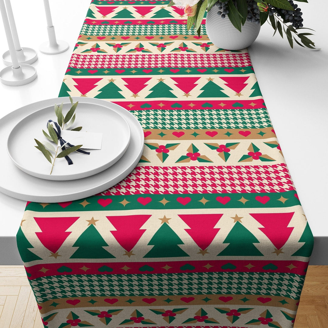 Winter Table Runner|Christmas Tablecloth|Colorful Pine Tree Illustration Table Centerpiece|Xmas Home Decor|Geometric Decorative Tabletop