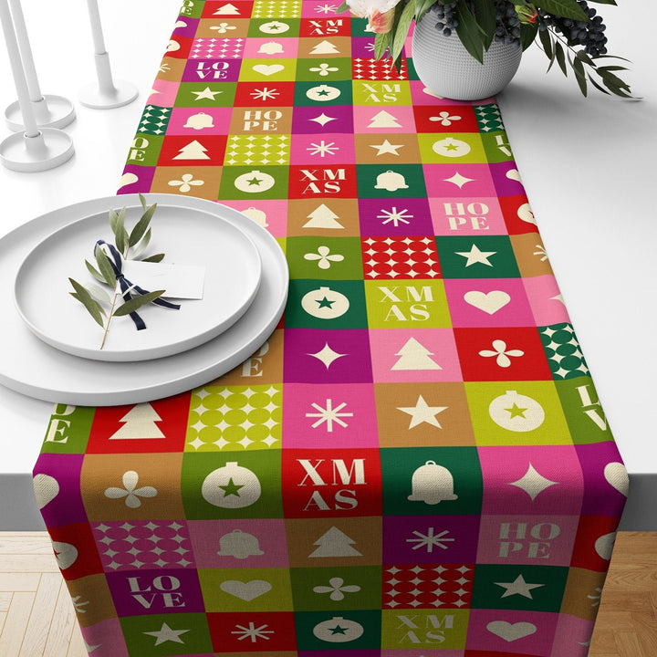 Christmas Tablecloth|Winter Trend Table Runner|Joyful and Merry Print Tabletop|Colorful Geometric Xmas Ornament Tabletop|Christmas Gift Idea