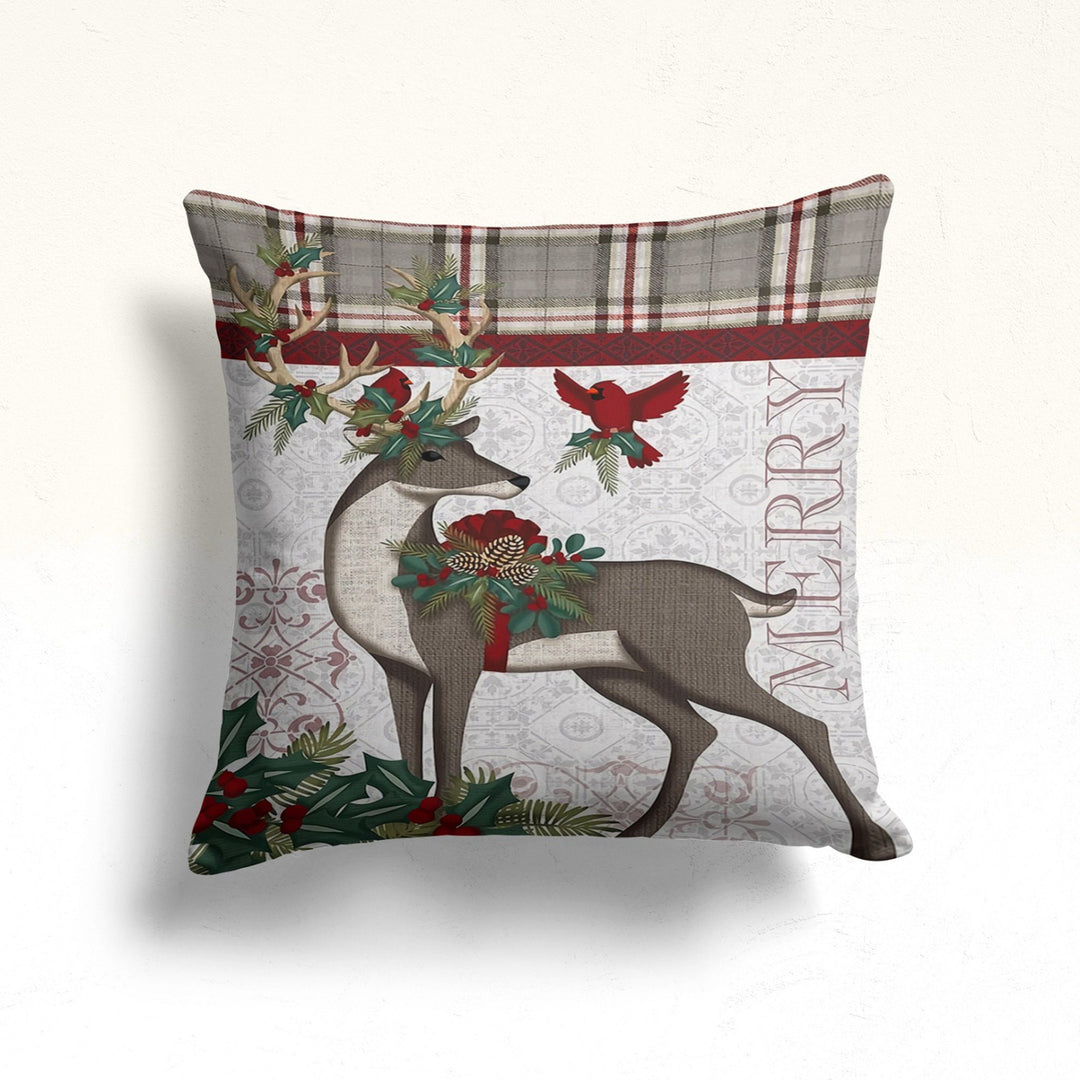 Christmas Pillow Cover|Plaid Xmas Cushion|Merry Xmas Pillowtop|Deer Pillowcase|Pine Tree Decor|Winter Throw Pillow|Winter Cushion Cover