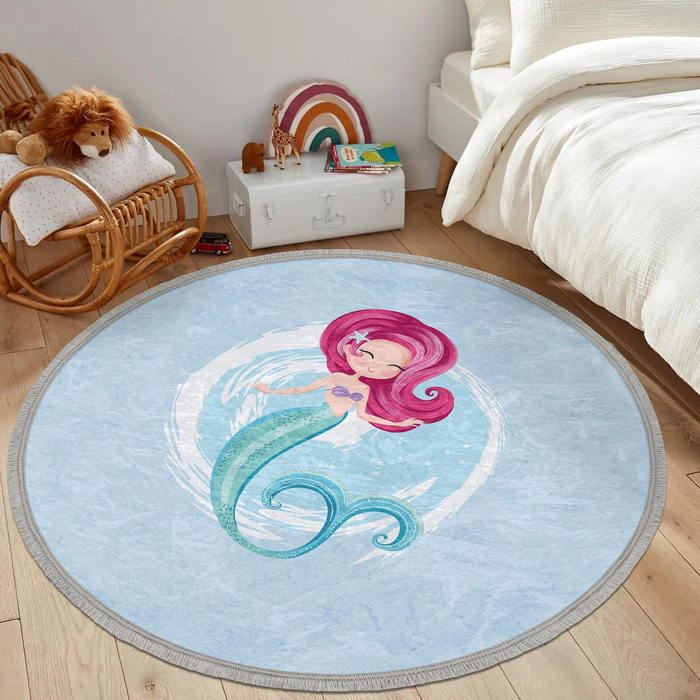 Mermaid Round Rug|Non-Slip Round Carpet|Fringed Kid Room Circle Carpet|Colorful Area Rug|Girl Home Decor|Mermaid Print Anti-Slip Mat, Carpet