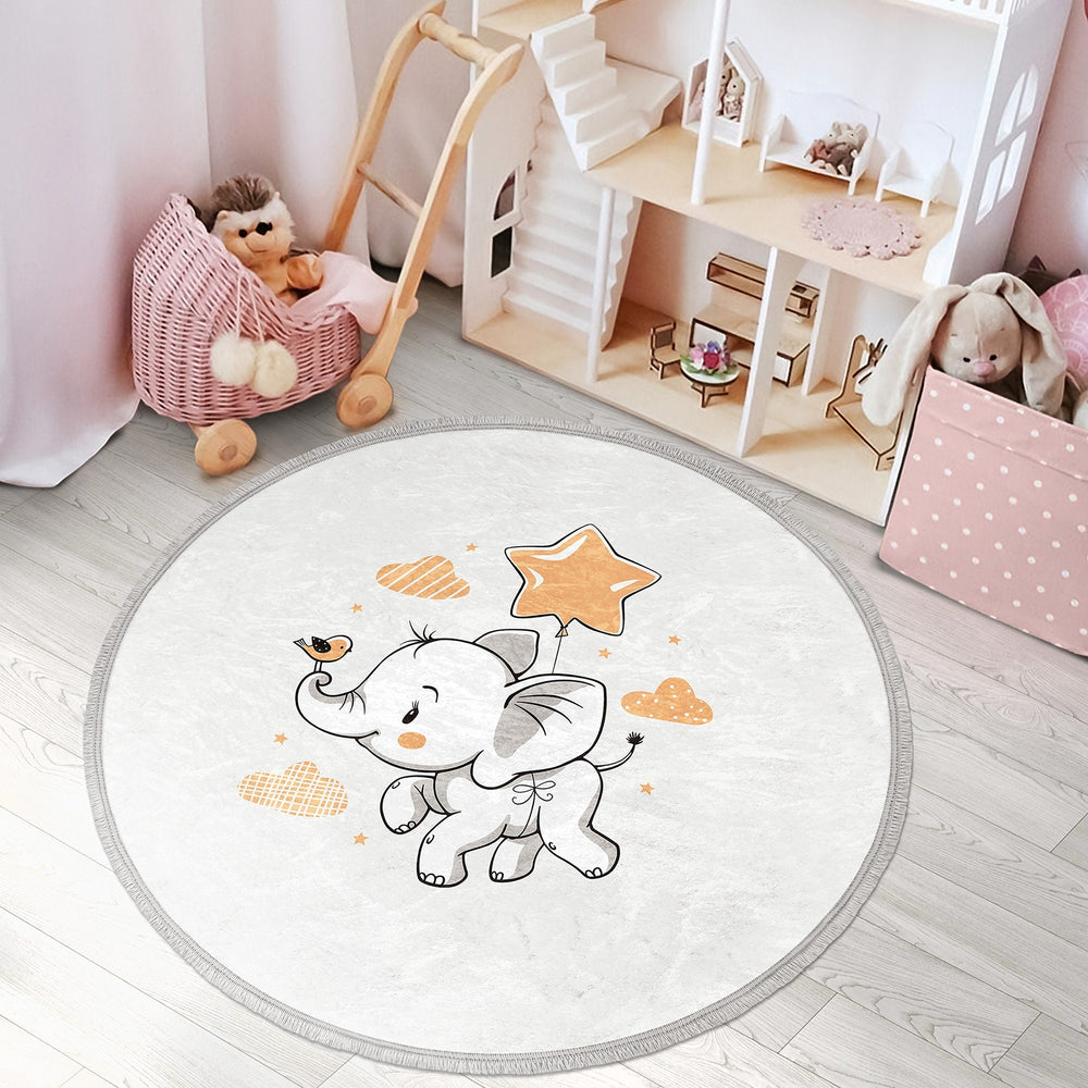 Elephant Round Rug|Non-Slip Round Carpet|Fringed Kid Room Circle Carpet|Elephant Area Rug|Animal Home Decor|Little Star Print Anti-Slip Mat